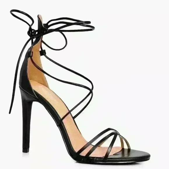 Boohoo Women's Laura Wrap Up Black Vegan Leather Stiletto Heel Sz 10 US $64 - Picture 1 of 4